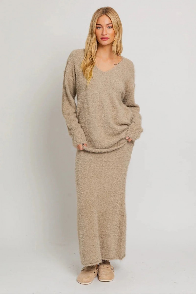 Long Sleeve Soft V-Neck Fuzzy Sweater