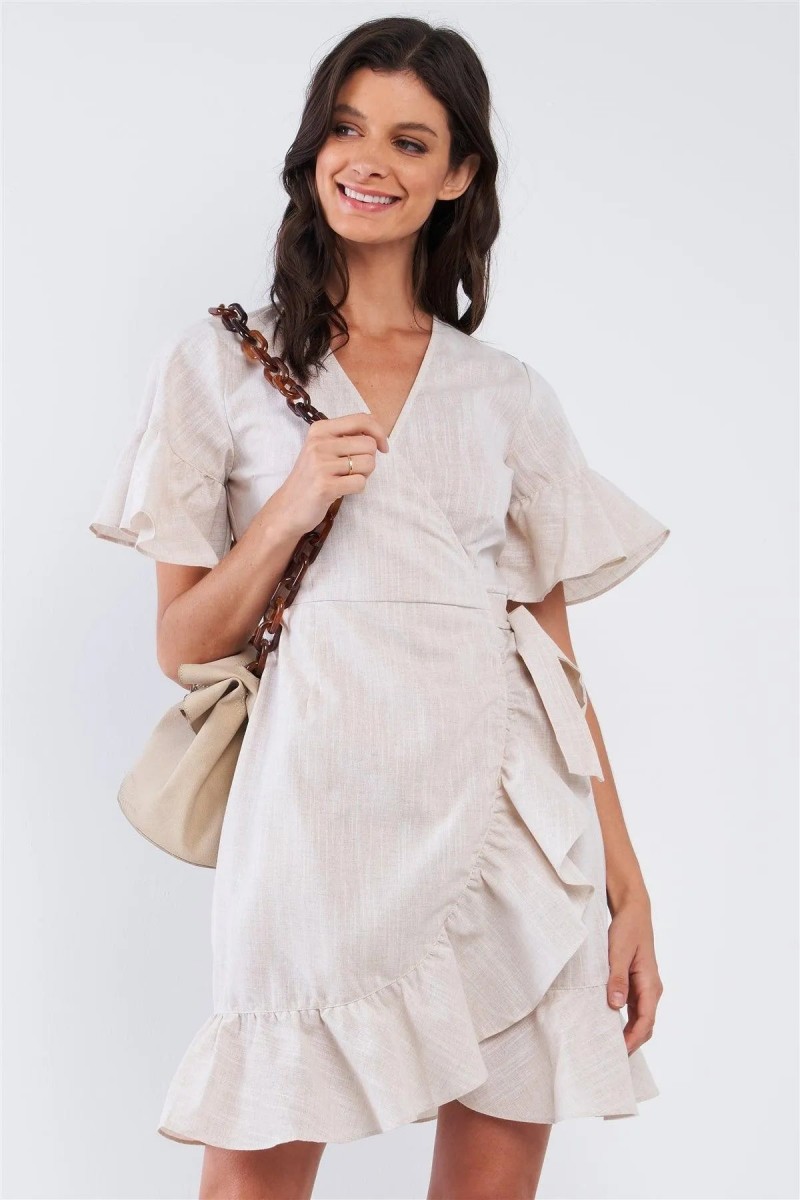 Tan Beige Deep Plunge V-Neck Ruffle Hem Self-Tie Waist Wrap Mini Dress