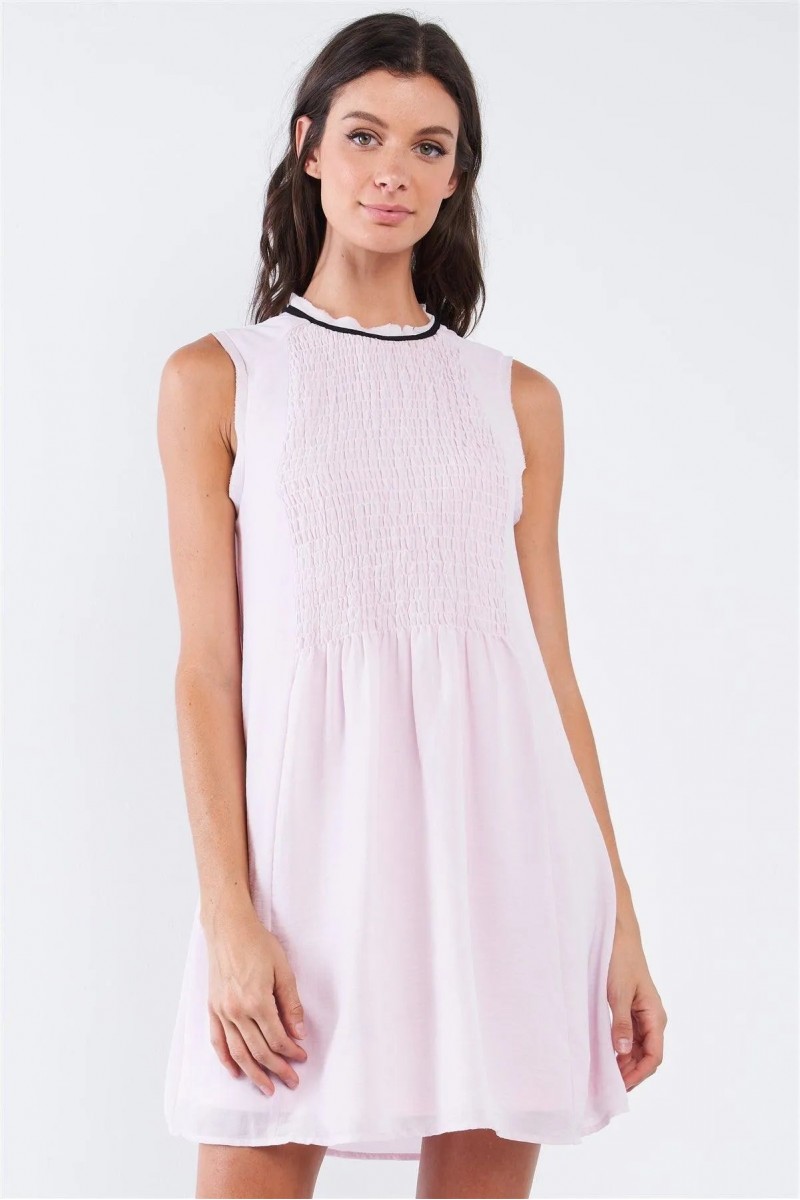 Sleeveless Round Neck Smock Front BabyDoll Mini Dress